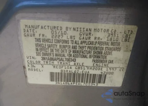 2010 Nissan Sentra 2.0/2.0S/Sr/2.0Sl z USA, uszkodzony, nr VIN 3N1AB6AP5AL700343